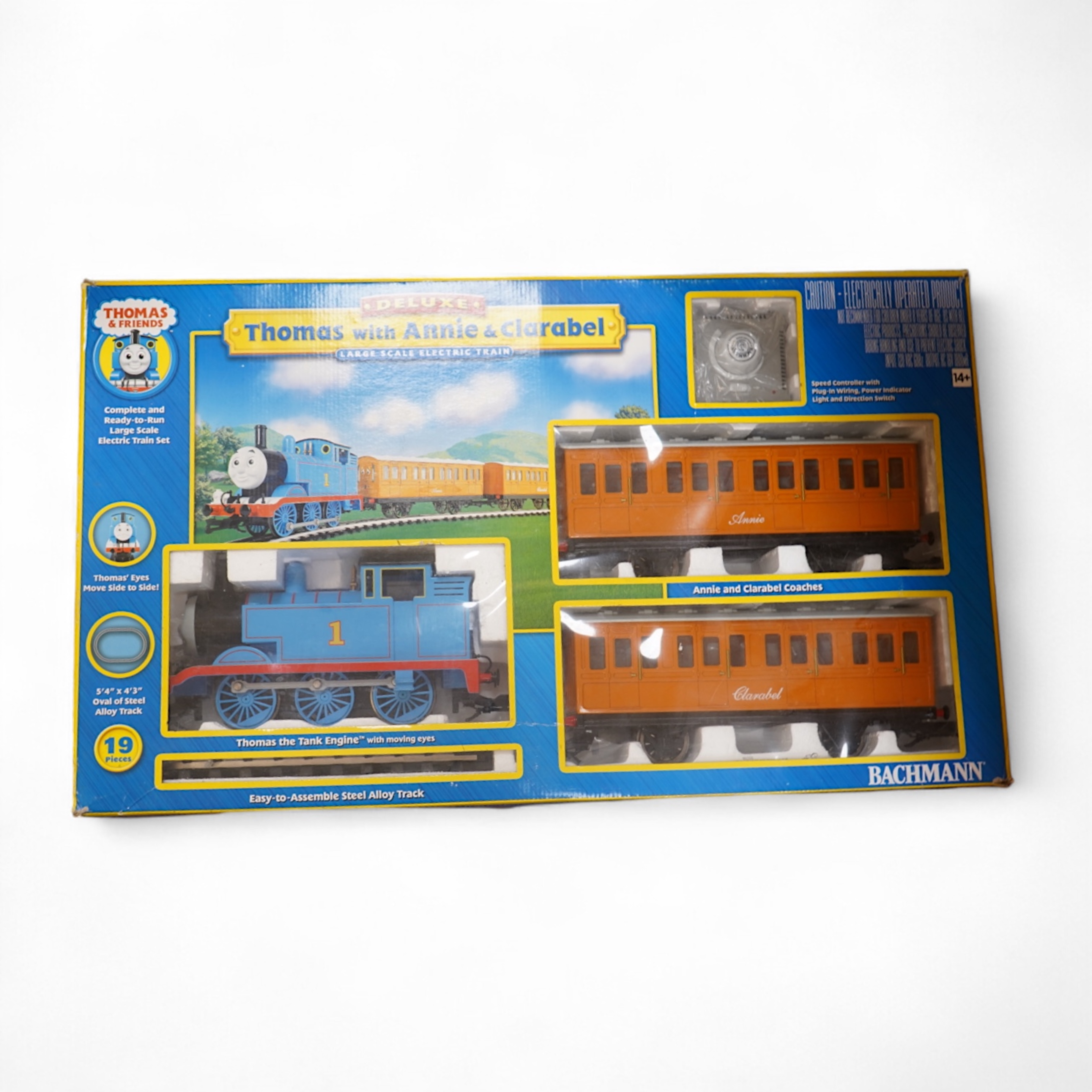 A boxed Bachmann G scale (45mm gauge) Thomas the Tank Engine train set (90068), comprising Thomas with the coaches Annie and Clarabel, track sections and controller. Condition - good, minor damage to the box.